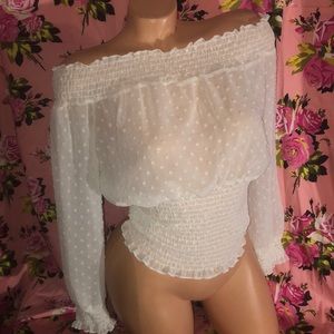 White polka dot blouse sheer off shoulder top sexy